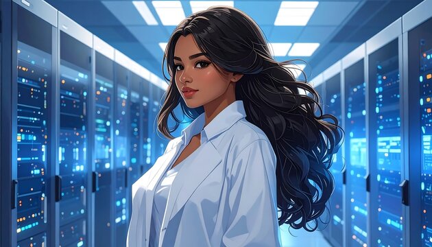 A woman in a white lab coat stands in a server room