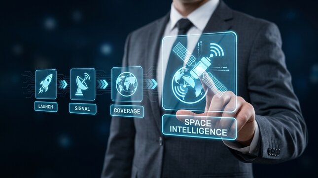 Businessman interacting with a digital interface representing space intelligence and satellite technology