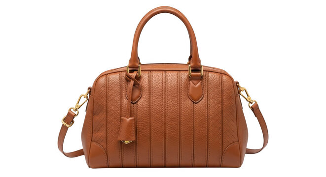 Brown leather handbag with chain strap isolated on transparent background