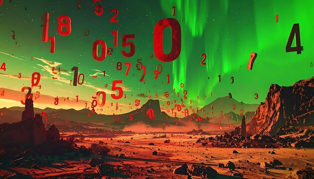 Futuristic Landscape with Binary Code Numbers.
