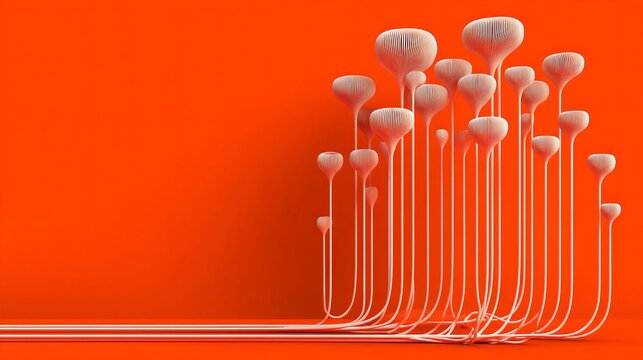 Vibrant Orange Background with Abstract White 3D Organic Structures, Creative Architectural Plant Illustration for Bold Designs