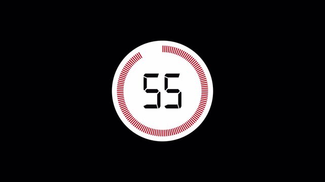 One minute countdown timer animation from 60 to 0 seconds on transparent background in 4k Animation with Alpha Channel , 60 second countdown timer, Countdown video.