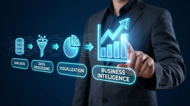 Business intelligence concept with data processing and visualization