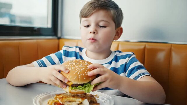 Hungry Little Boy Eating a Large Delicious Cheeseburger in a Retro Diner Booth