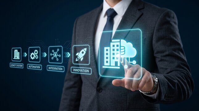 Digital transformation concept with businessman touching a glowing interface showing business evolution from legacy systems to cloud technology