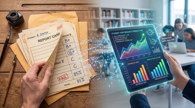 A comparison of traditional report cards and digital data analysis in an educational setting featuring students engaged with technology