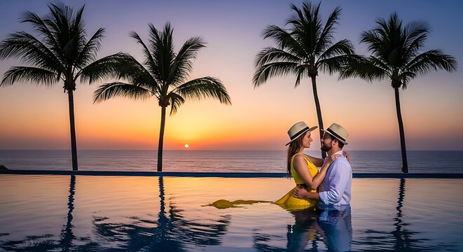 Illustration couple embracing by an infinity pool at sunset with palm trees