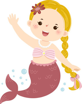 Cute little cartoon mermaid with blond braid and red fishtail