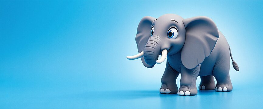 A cute cartoon elephant stands on a blue background