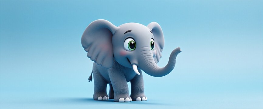 A cute cartoon elephant stands on a blue background
