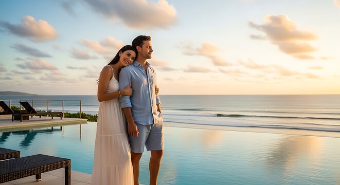 Illustration couple standing by a luxurious infinity pool at sunrise, looking