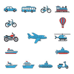 Naklejka premium Collection of various transportation vehicles in simple flat design style