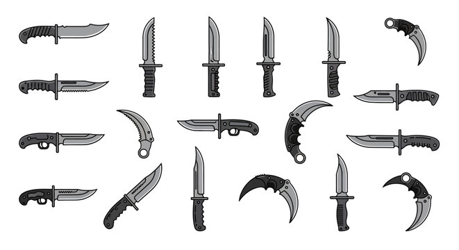 Collection of various tactical knives in grayscale vector illustration