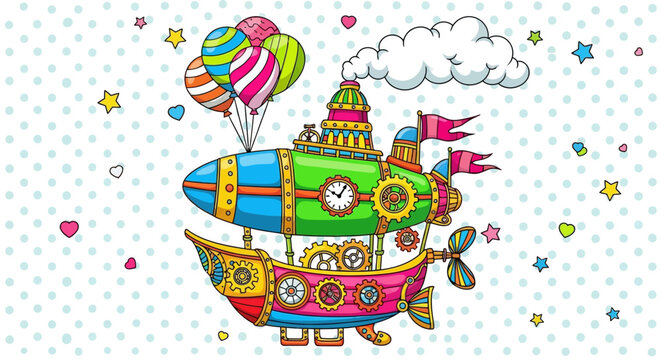 Colorful steampunk airship with balloons and decorative elements illustration
