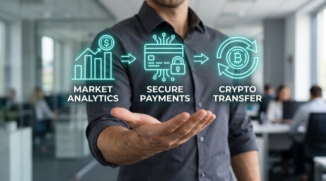 Businessman presenting a digital workflow of market analytics, secure payments, and crypto transfer