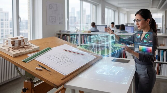 Woman using a drafting table with architectural blueprints and holographic projections in a modern office space