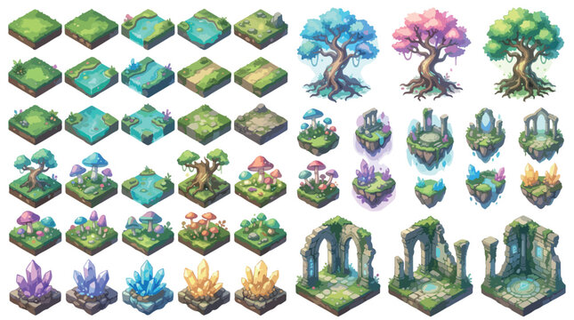 Isometric fantasy game map tiles, 45 magic world building elements, mystical forest landscape assets with crystals and ruins, vector game design kit