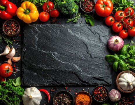 A vibrant overhead shot showcases a variety of fresh vegetables and spices arranged around a dark slate board, creating a visually appealing culinary composition.