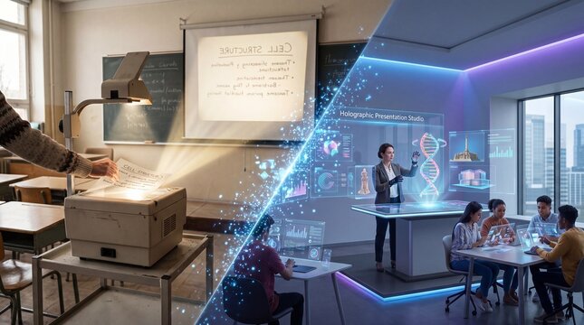 A vintage classroom with overhead projector transitioning to a modern tech-driven learning environment featuring holographic presentations
