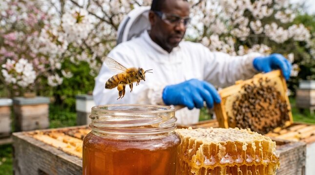 Beekeeper working with honeycombs in an apiary with a honey bee flying near a jar of honey