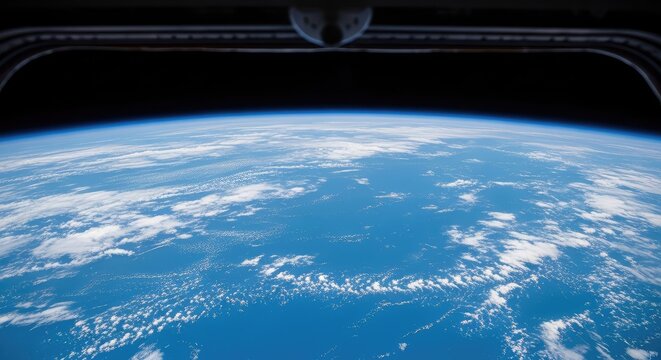 Wide angle shot from a space station observation window looking down at a blue planet with white clouds swirling over a vast ocean surface, craft, flare, immense