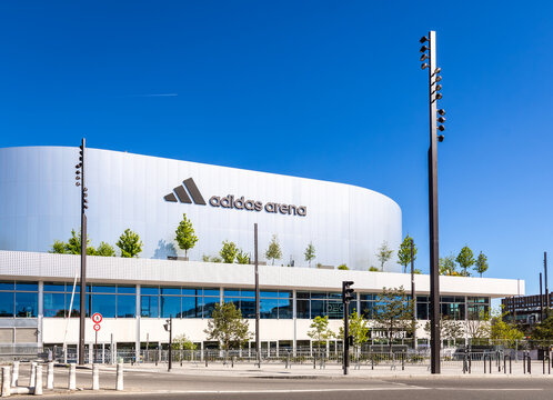 Paris, France - April 7, 2026: West view of the Arena Porte de la Chapelle, aka Adidas Arena, a 8,000 seats sports and concert venue, home arena of the Paris Basketball club, opened in 2024.