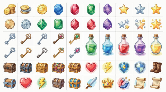 Fantasy RPG game icons set, medieval loot and treasure vector collection, magic potions and gems for mobile gaming interface