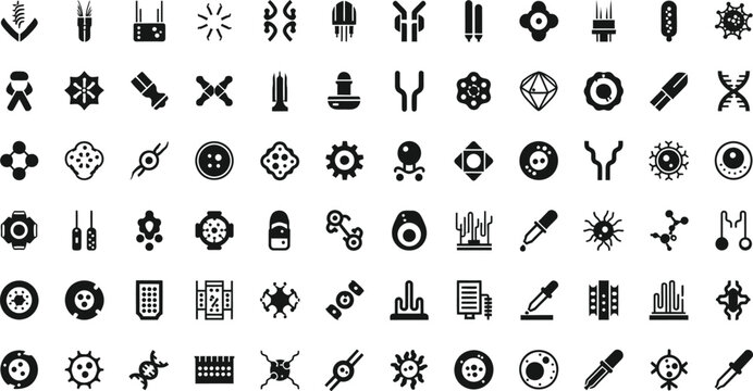 Biotechnology research icons depict complex molecular patterns and advanced lab diagnostic tools for detailed protein analysis and pharmaceutical exploration in a modern scientific digital set.