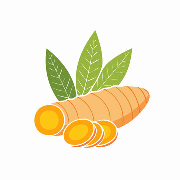 Turmeric root with leaves and slices