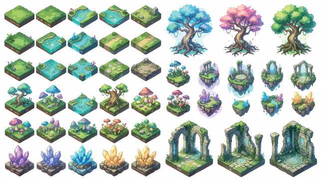 Isometric fantasy game assets vector set, magical forest environment tiles and nature map elements, mystical crystal and ruins collection for RPG world building