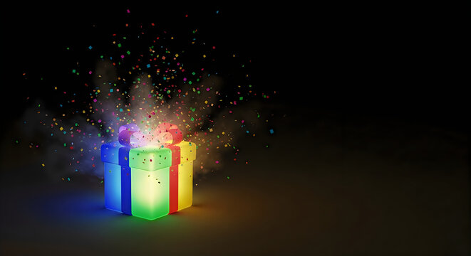 3d render of a colorful glowing gift box exploding with confetti