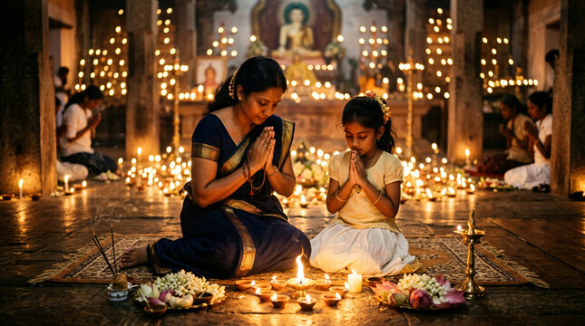 woman child praying dark buddhist temple illuminated burning candles vesak holiday celebration