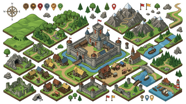 Isometric medieval map builder kit, fantasy kingdom game assets with castle and village, modular landscape tiles for strategy gaming