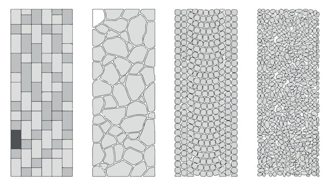 Paving stone patterns vector set, cobblestone and brick walkway textures, grey masonry floor tiles for architectural landscaping and garden design