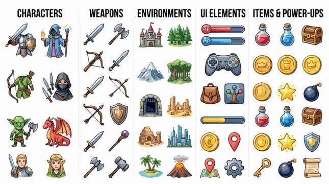 Fantasy RPG game assets collection, medieval characters and weapons vector set, adventure ui elements and power-up icons for mobile gaming