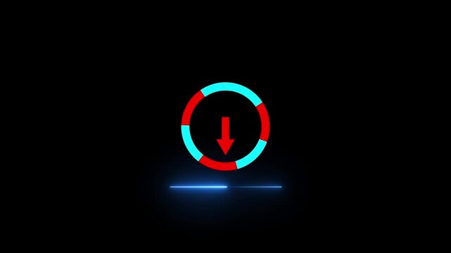 Neon Glowing Download Progress Animation.Circular Loading Bar with Arrow Icon on Black Background, A rotating loading bar with a downward arrow icon,animated circle loading 4k video animation