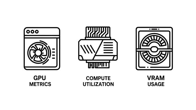 Set of computer graphics card monitoring icons including gpu metrics compute utilization vram usage statistics line art graphics processing utilization statistics hardware computer