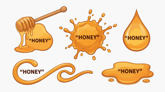 Golden honey splash and liquid drips vector set, organic honey dipper with sweet syrup puddles, amber nectar drop and spill illustrations