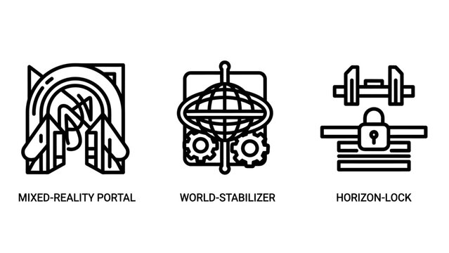 Mixed reality and spatial computing icons featuring portal world stabilizer and horizon lock symbols stabilizer technology innovation mechanism augmented interface software development