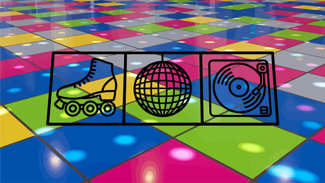 Roller skates disco ball record player on a colorful dance floor with disco fever roller skating entertainment venue nostalgia recreation entertainment nightlife celebration turntable