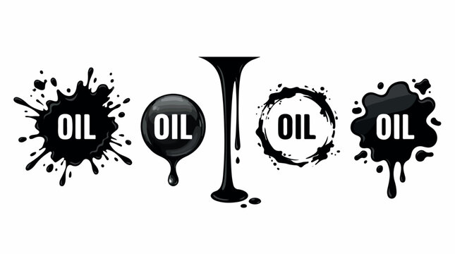 Black crude oil splash and liquid drop icons, industrial petroleum spill vector set, glossy fuel blot and dripping ink stains on white background