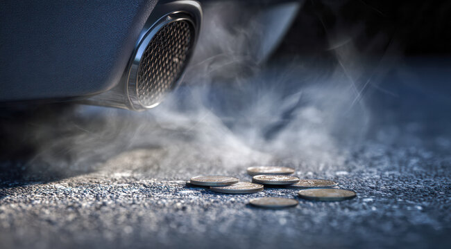 Car exhaust with coins on the ground. Symbol of oil products, price increase. Coins under exhaust smoke closeup metallic coins scattered on wet asphalt as muffler releases white