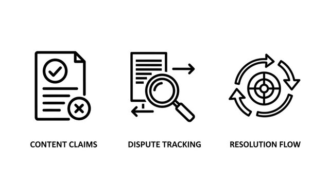 Outline icon set representing content claims dispute tracking and workflow resolution flow concepts with tracking resolution copyright business document analysis workflow management paperwork