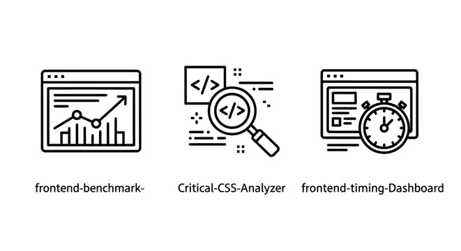 Set of front-end development and performance monitoring icons including benchmark css analyzer and timing dashboard frontend development performance benchmark analyzer dashboard monitoring