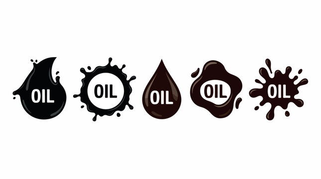 Black oil drop icons and liquid splash set, crude petroleum spill silhouettes with text, industrial fuel and energy vector elements for logo design
