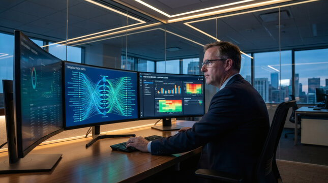 Banking security analyst detecting financial fraud through advanced AI monitoring system, glowing transaction data streams, secure banking environment, risk management dashboard, dramatic modern 