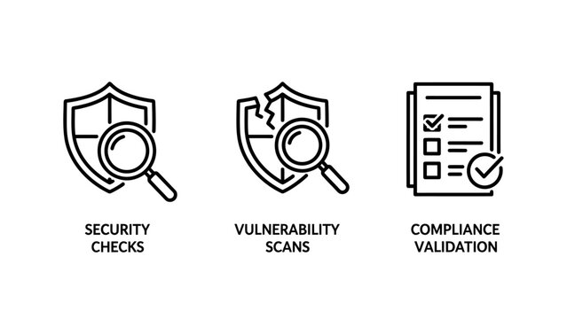 Digital security compliance and risk assessment icons featuring security checks vulnerability scans validation security compliance vulnerability validation magnifying checklist protection