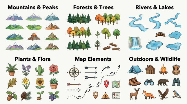 Hand drawn map elements vector set, outdoor nature icons for mountains and forests, wilderness camping and wildlife adventure graphics collection