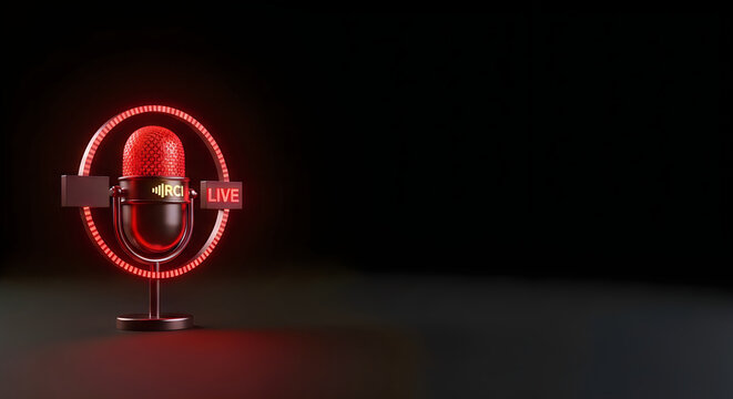 3d rendering of a professional microphone with a glowing red rci live sign, isolated on a dark background