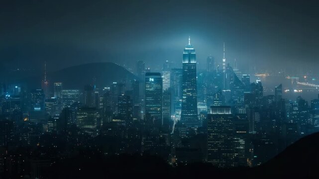 Moody foggy blue city skyline at night with illuminated skyscraper towers and waterfront lights